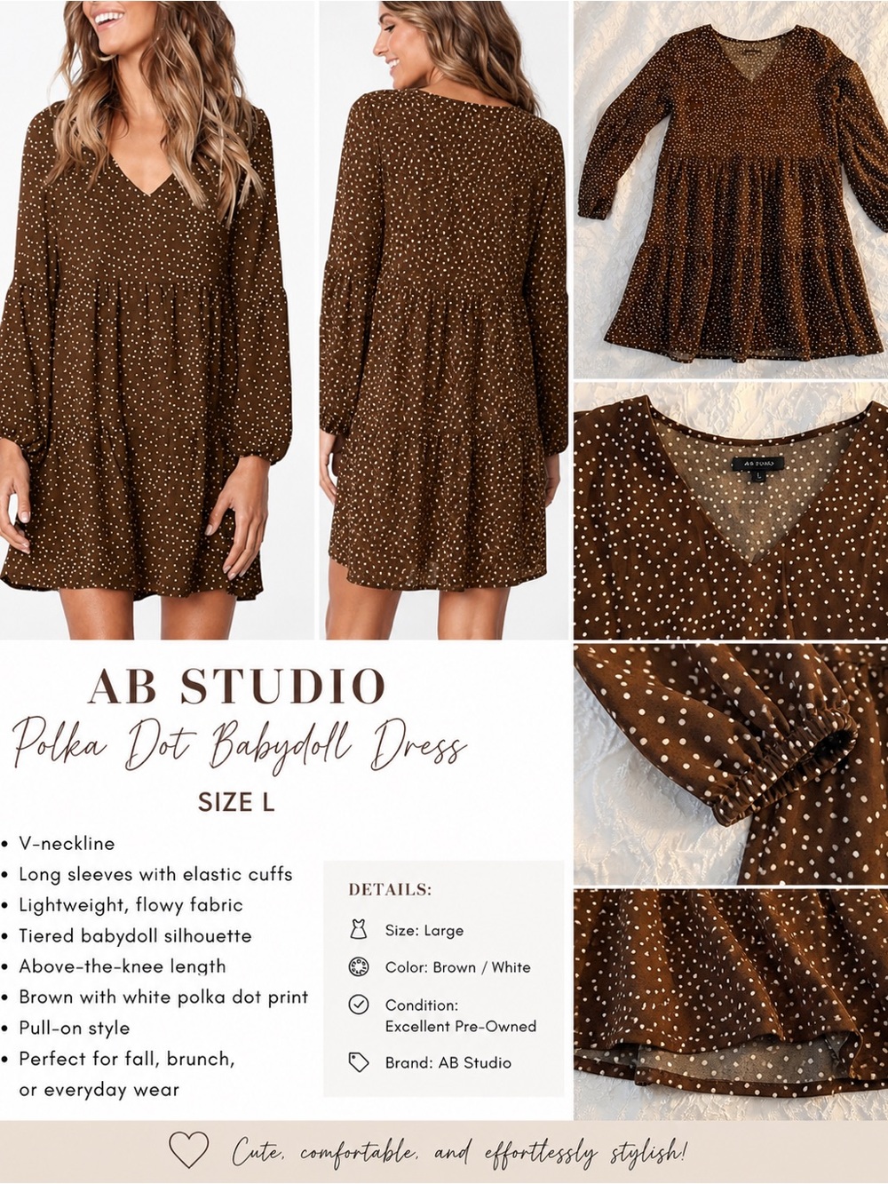 AB Studio Brown with White Polka Dot Tiered Babydoll Dress